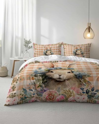 Boanket 3-Piece Plaid Bunny Duvet Cover Set with Zipper