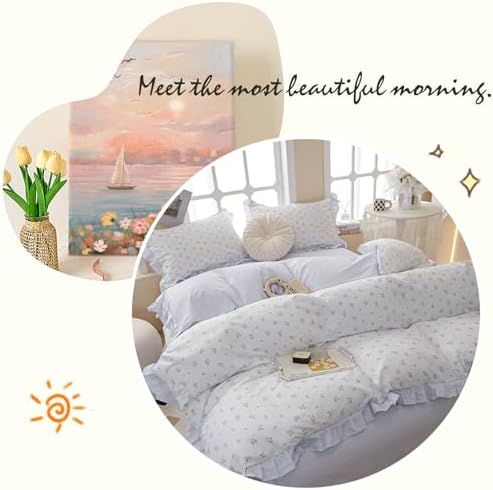 Blue Floral Ruffle 100 Cotton Duvet Cover Set for Teen Girls