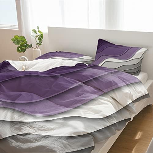 California King Duvet Cover Set 3PCS Purple Grey White Wave Stripes