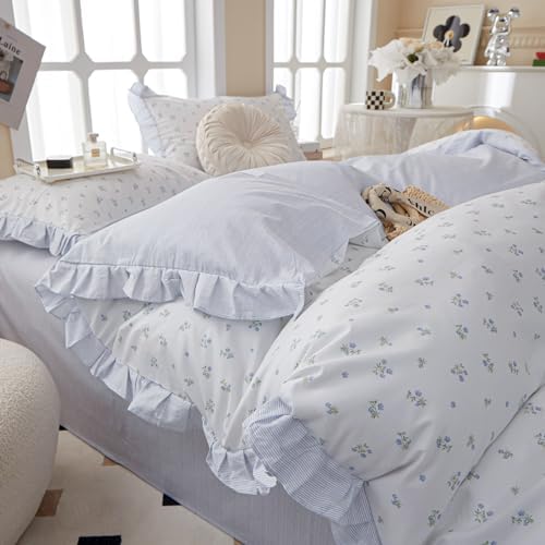 Blue Floral Ruffle 100 Cotton Duvet Cover Set for Teen Girls