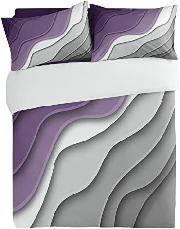California King Duvet Cover Set 3PCS Purple Grey White Wave Stripes