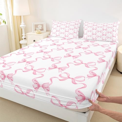 Manfei Pink Bowknot Fitted Sheet Set for Kids Twin Size