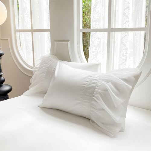 White Lace Ruffled Queen Duvet Set with Bow Closure for Kids