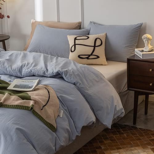Janlive Washed Cotton Duvet Cover Set Twin Light Blue