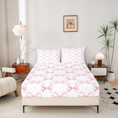 Manfei Pink Bowknot Fitted Sheet Set for Kids Twin Size