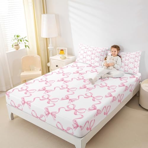 Manfei Pink Bowknot Fitted Sheet Set for Kids Twin Size