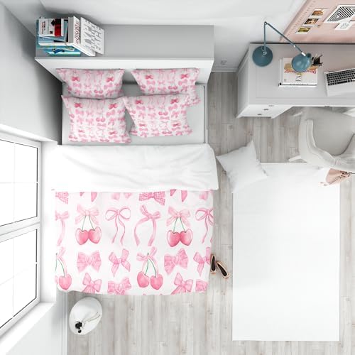 Pink Cherry Bow Duvet Cover Set Full King Size