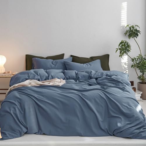 MooMee King Duvet Cover Set - 100 Washed Cotton Twill 3 Pieces Blue