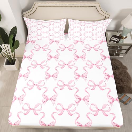 Manfei Pink Bowknot Fitted Sheet Set for Kids Twin Size