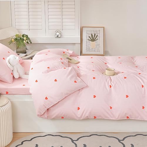 Pink Striped Duvet Cover Set King 3Pcs Cute Heart Design