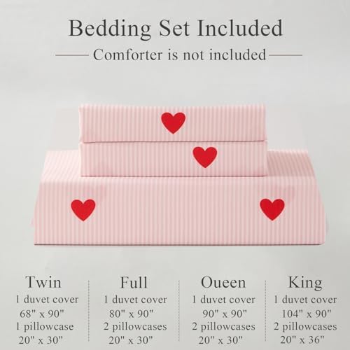 Pink Striped Duvet Cover Set King 3Pcs Cute Heart Design