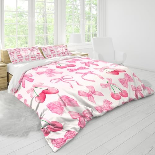 Pink Cherry Bow Duvet Cover Set Full King Size