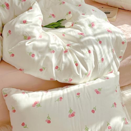 Bildenly Duvet Cover Twin White Pink Tulip Pattern