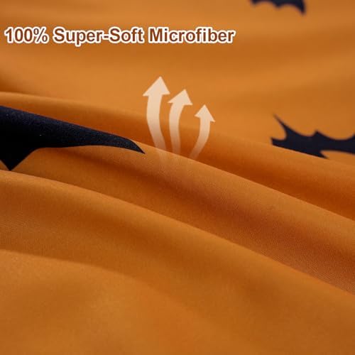 Xruibed King Halloween Duvet Cover Set - Pumpkin Bat Orange Bedding with 2 Pillowcases