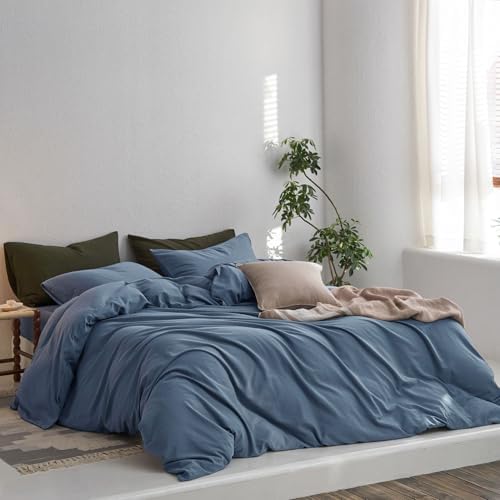 MooMee King Duvet Cover Set - 100 Washed Cotton Twill 3 Pieces Blue
