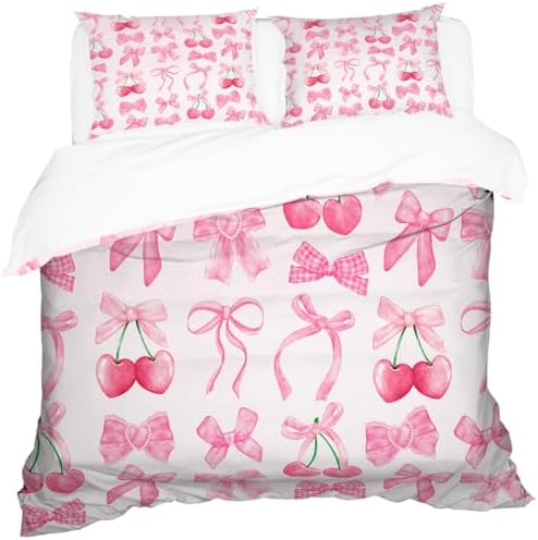 Pink Cherry Bow Duvet Cover Set Full King Size