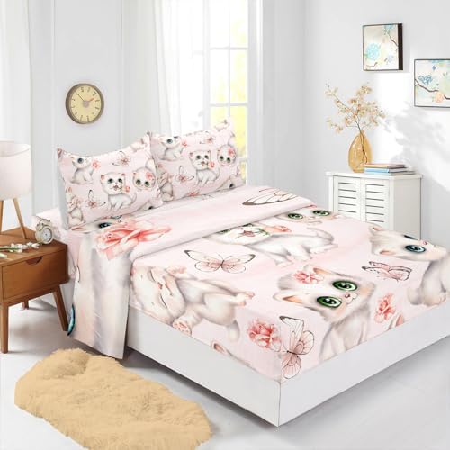 Kids Cartoon Cat Sheet Twin 4Pcs Kawaii Bedding Set
