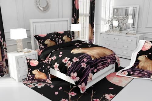 Feelyou Cherry Blossom Capybara Fitted Sheet Set Twin Size