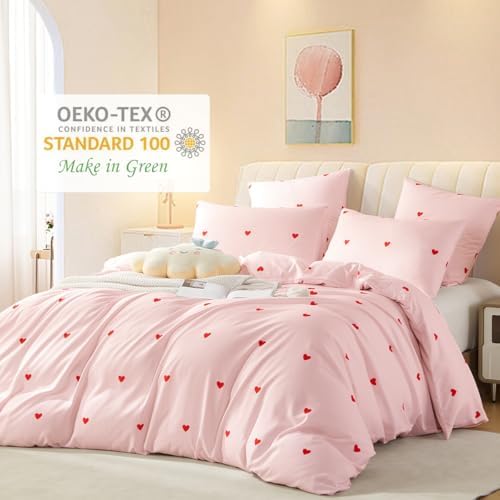 Pink Striped Duvet Cover Set King 3Pcs Cute Heart Design