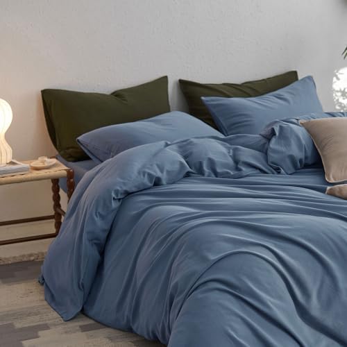 MooMee King Duvet Cover Set - 100 Washed Cotton Twill 3 Pieces Blue