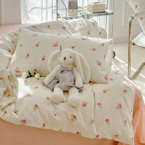 Bildenly Duvet Cover Twin White Pink Tulip Pattern