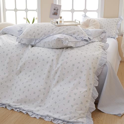 Blue Floral Ruffle 100 Cotton Duvet Cover Set for Teen Girls