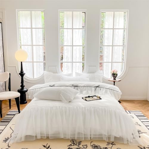 White Lace Ruffled Queen Duvet Set with Bow Closure for Kids