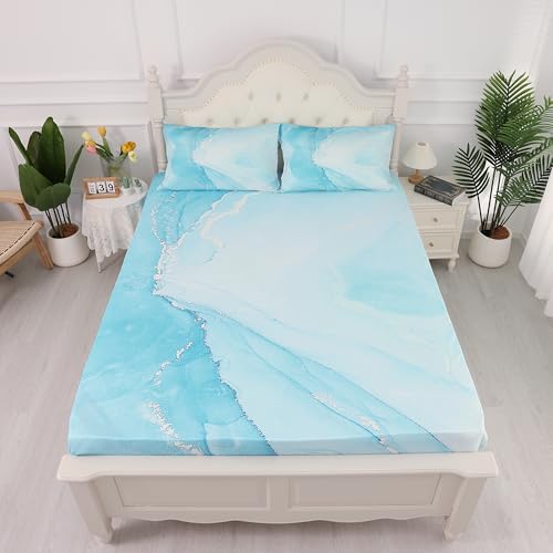 EDGZKO Blue Marble Queen Sheet Set 4PC