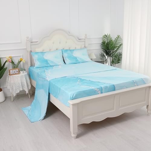EDGZKO Blue Marble Queen Sheet Set 4PC