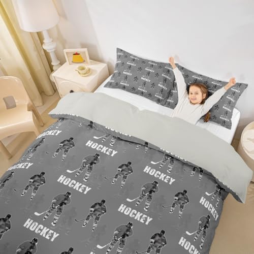 Homewish Hockey Kids Duvet Cover Set - Twin Size Grey