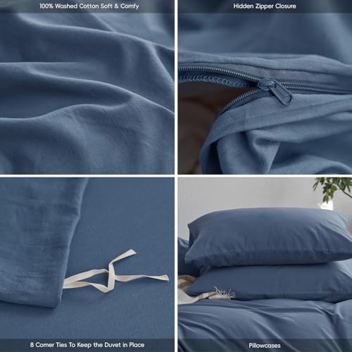 MooMee King Duvet Cover Set - 100 Washed Cotton Twill 3 Pieces Blue