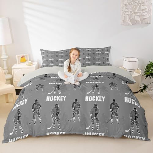 Homewish Hockey Kids Duvet Cover Set - Twin Size Grey