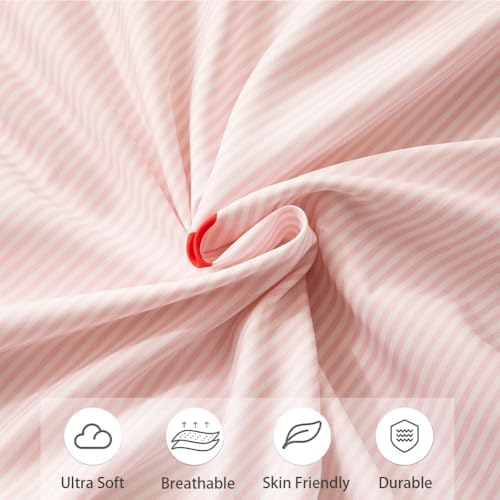 Pink Striped Duvet Cover Set King 3Pcs Cute Heart Design