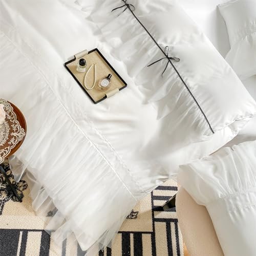 White Lace Ruffled Queen Duvet Set with Bow Closure for Kids