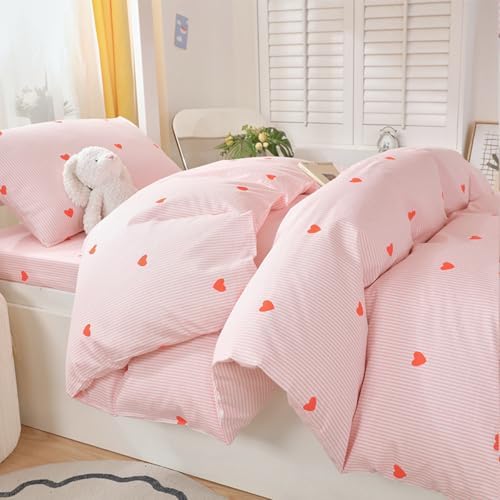 Pink Striped Duvet Cover Set King 3Pcs Cute Heart Design