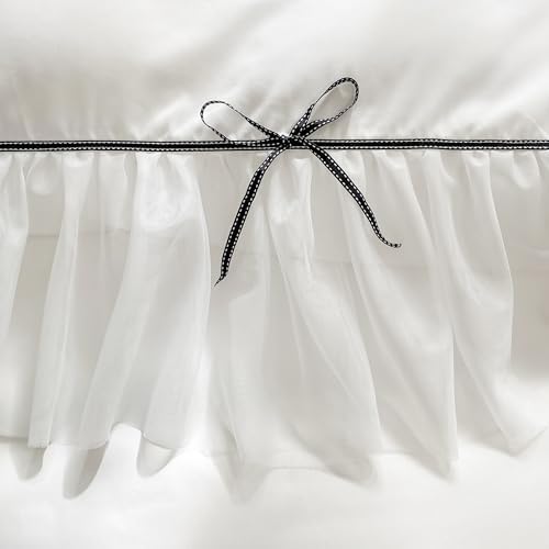 White Lace Ruffled Queen Duvet Set with Bow Closure for Kids