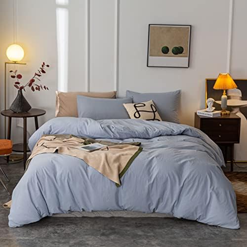 Janlive Washed Cotton Duvet Cover Set Twin Light Blue