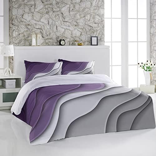 California King Duvet Cover Set 3PCS Purple Grey White Wave Stripes