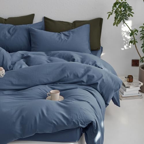 MooMee King Duvet Cover Set - 100 Washed Cotton Twill 3 Pieces Blue