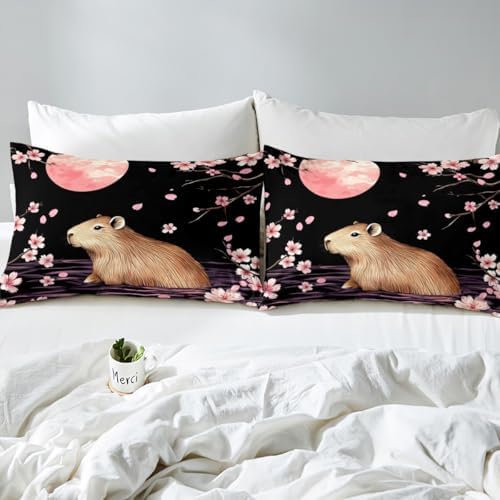 Feelyou Cherry Blossom Capybara Fitted Sheet Set Twin Size