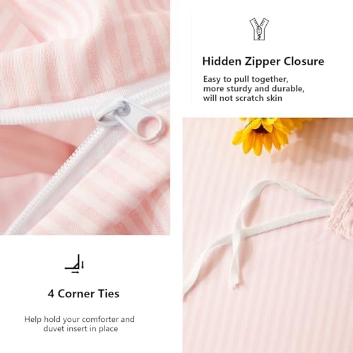 Pink Striped Duvet Cover Set King 3Pcs Cute Heart Design