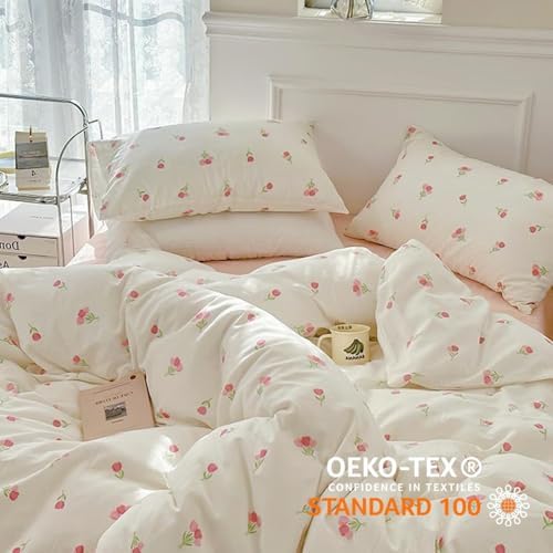 Bildenly Duvet Cover Twin White Pink Tulip Pattern