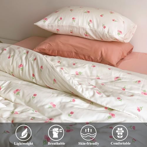 Bildenly Duvet Cover Twin White Pink Tulip Pattern