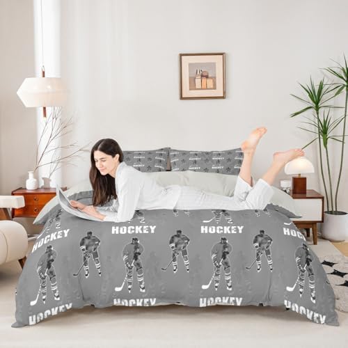 Homewish Hockey Kids Duvet Cover Set - Twin Size Grey
