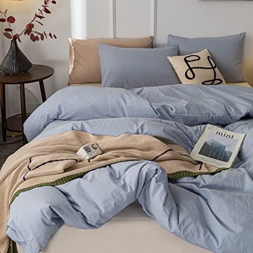 Janlive Washed Cotton Duvet Cover Set Twin Light Blue
