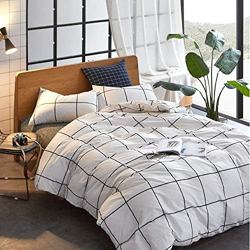 CLOTHKNOW 3Pcs Twin Duvet Cover Set White Plaid