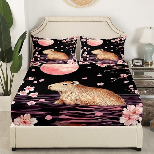 Feelyou Cherry Blossom Capybara Fitted Sheet Set Twin Size