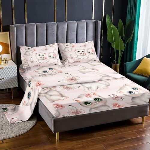 Kids Cartoon Cat Sheet Twin 4Pcs Kawaii Bedding Set