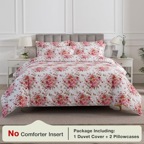 Pink Floral Boho Duvet Cover Queen 3Pcs Set