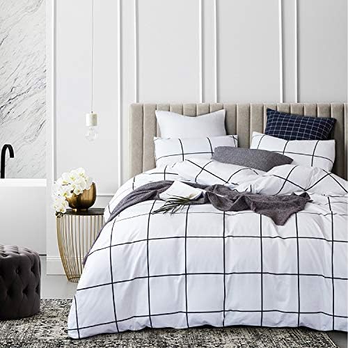 CLOTHKNOW 3Pcs Twin Duvet Cover Set White Plaid